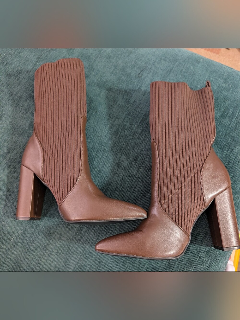 Brown Ribbed Knit Pointed-Toe Block Heel Boots
